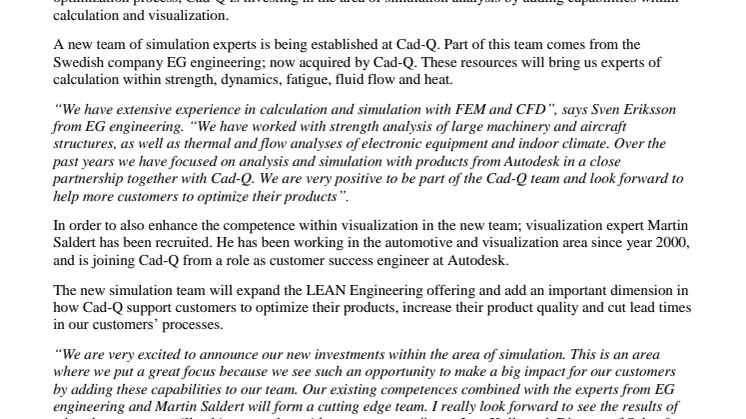 Cad-Q invests and establishes a new simulation analysis team with leading experts 