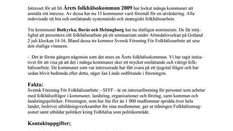 SFFF Årets folkhälsokommun nominerade 