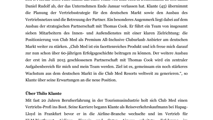 Thilo Klante: Neuer Head of Sales bei Club Med Deutschland