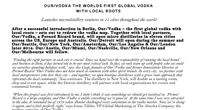 OUR/VODKA THE WORLDS FIRST GLOBAL VODKA WITH LOCAL ROOTS