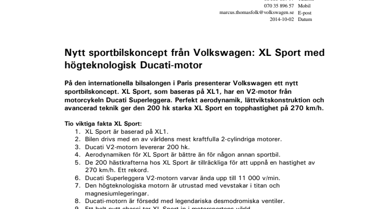 Nytt sportbilskoncept från Volkswagen: XL Sport med högteknologisk Ducati-motor