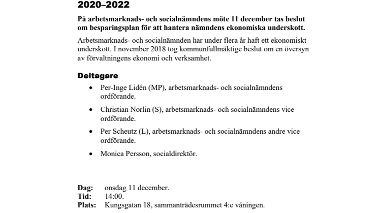 Pressinbjudan 11 december: arbetsmarknads- och socialnämnden presenterar besparingsplan 2020–2022