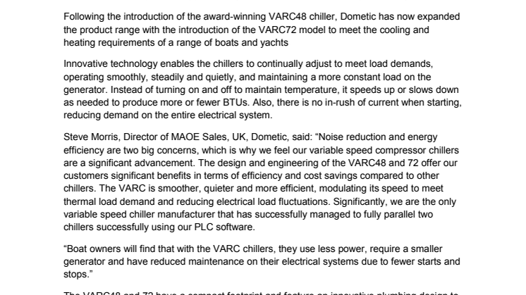Dometic Answers Demand for Quiet and Efficient Systems with Launch of VARC72 Variable Capacity Chiller