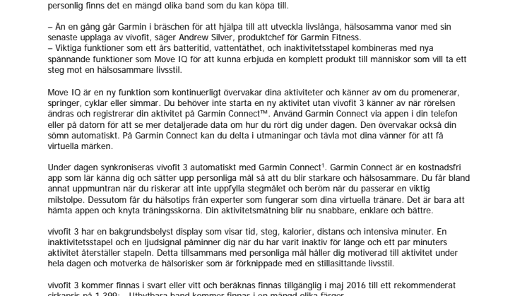 Garmin® presenterar vívofit® 3 med Move IQ™ automatisk rörelsesensor