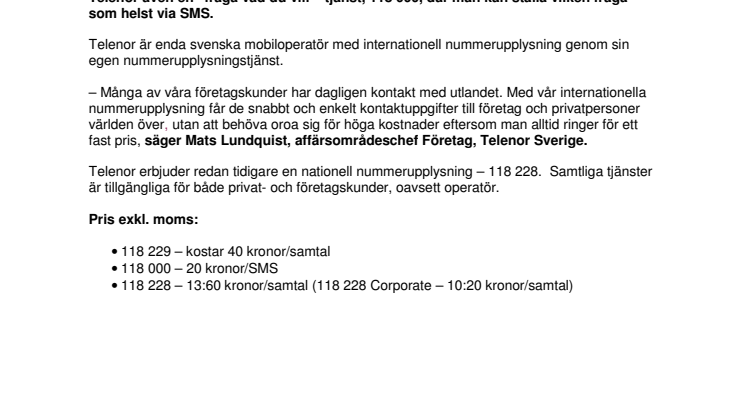 Telenor Sverige - första operatör med egen internationell nummerupplysning 