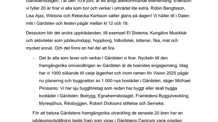 Gårdstensbostäder firar 20-årsjubileum den 10 juni