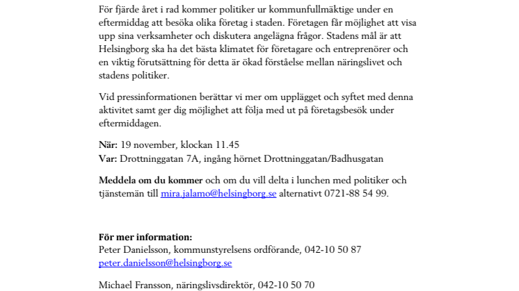 Pressinbjudan: Helsingborgs politiker möter företagare i staden