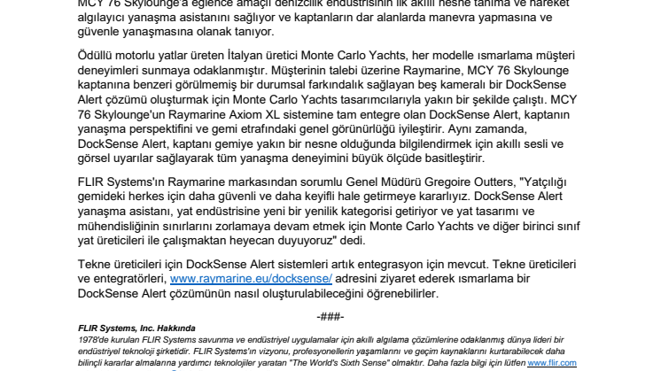Monte Carlo Yachts, Raymarine DockSense Alert'i Kullanan İlk Yat Üreticisi Oldu 