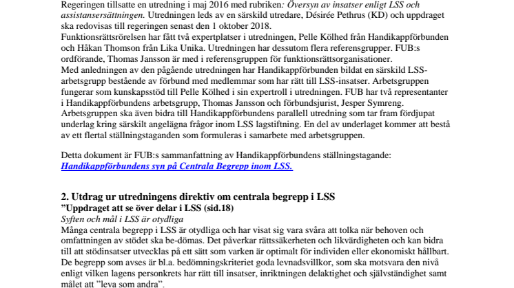 Riksförbundet FUB:s sammanfattning av Handikappförbundens ställningstagande om CENTRALA BEGREPP inom LSS