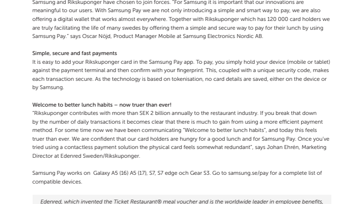 Edenred’s lunch benefit Rikskuponger will offer over 120 000 card holders to use Samsung Pay!