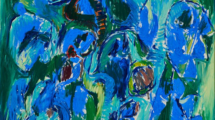 Pierre Alechinsky- Au Tholonet, 1966. Sign. på bagsiden Alechinsky med titel og årstal. Olie på lærred. 137 x 118.