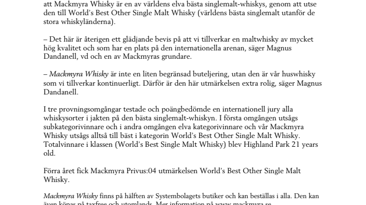 Svensk maltwhisky en av världens elva bästa