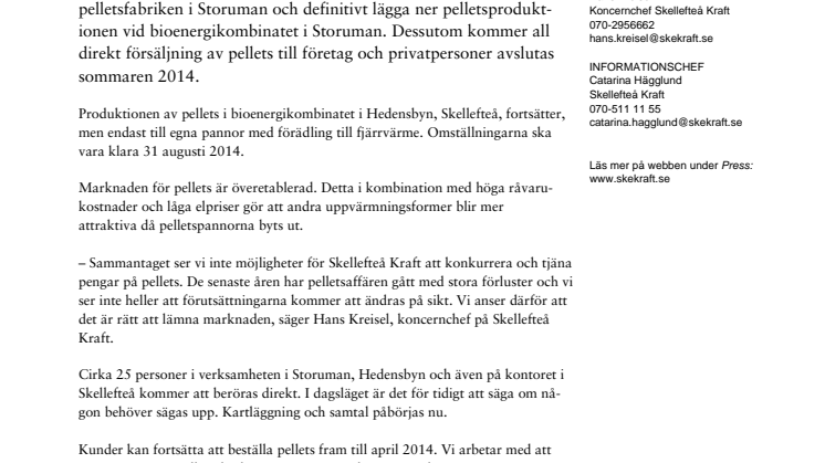 Skellefteå Kraft avslutar pelletsförsäljningen