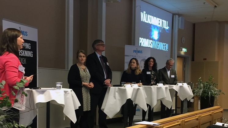 I panelsamtalet deltog (från vänster): Anna Davidsson,  Volvo Cars.  Göran Carlsson, Swerea. Frida Andersson, Teknikföretagen.  Ulrika Strandroth Frid, Trollhättans Stad samt Anders Carlberg, Västra Götalandsregionen.
