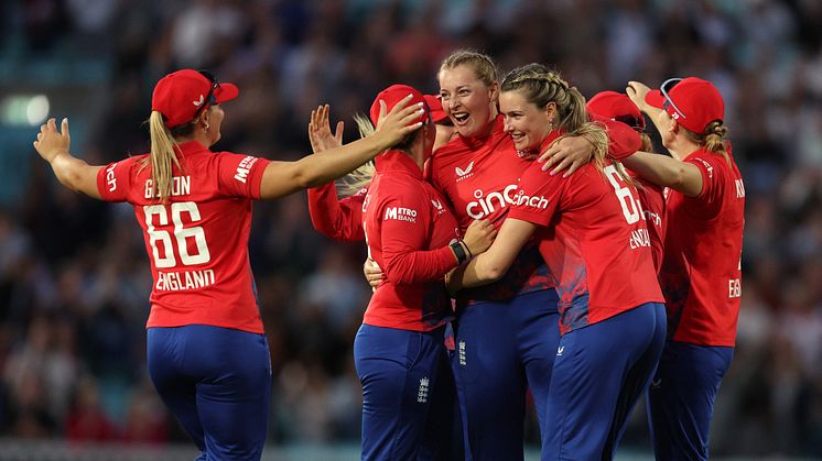 England Women celebrate a wicket in front of over 20,000 fans at The Kia Oval. Photo: Getty Images