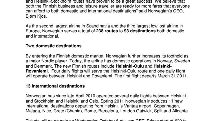 Norwegian expands in Finland with 100 weekly flights