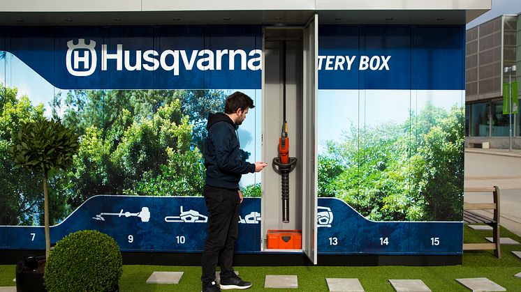 The Husqvarna Battery Box, is a "smart" unattended container with 30 electronic lockers that store battery powered garden care products available for rent via an app.