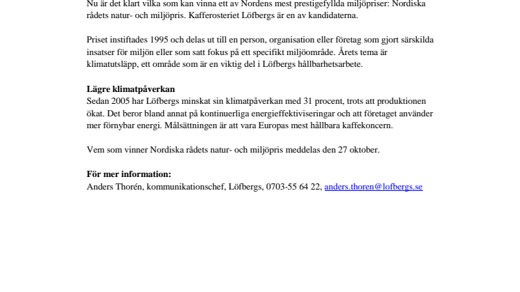 Löfbergs kan vinna Nordiska rådets natur- och miljöpris