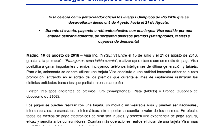 Pagar o retirar efectivo con Visa ofrece oportunidades de ganar premios durante los Juegos Olímpicos de Río 2016