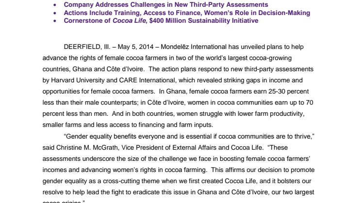 Mondelēz International Takes Steps to Advance Women’s Rights in Cocoa Farming