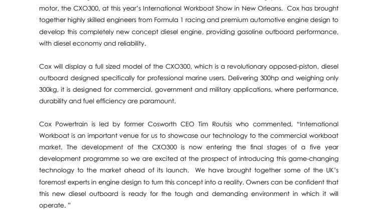Cox Powertrain: World's First Professional 300hp Diesel Outboard to be Previewed at International Workboat Show