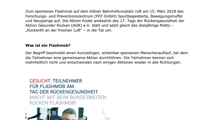 Flashmob: Kölner treffen sich zu spontanen Rückenübungen - Aktion zum Tag der Rückengesundheit mit Promi-Unterstützung