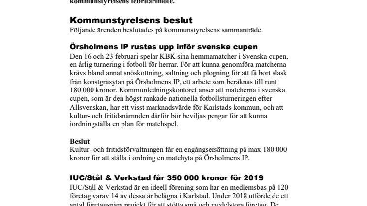 Kommunstyrelsen i korthet den 12 februari