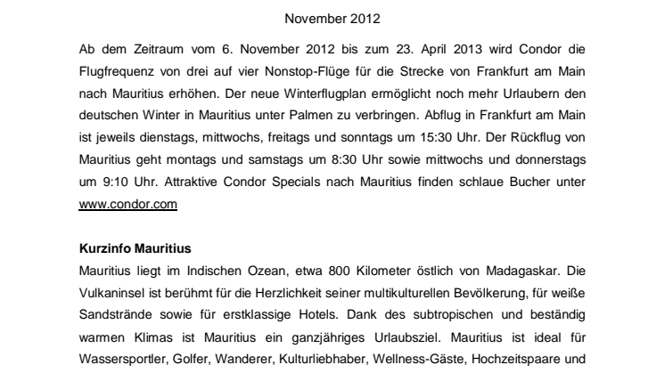Vier Mal pro Woche mit Condor nach Mauritius