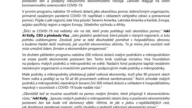 Nadace Visa Foundation vyčlení 210 milionů dolarů pro malé podniky a mikropodniky a na okamžitou pomoc v souvislosti s COVID-19