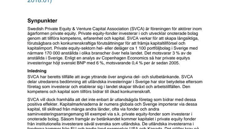 Remiss av del- och slutbetänkandet för Utredningen för ett effektivt offentligt främjande av utländska investeringar (UD 2018:01)