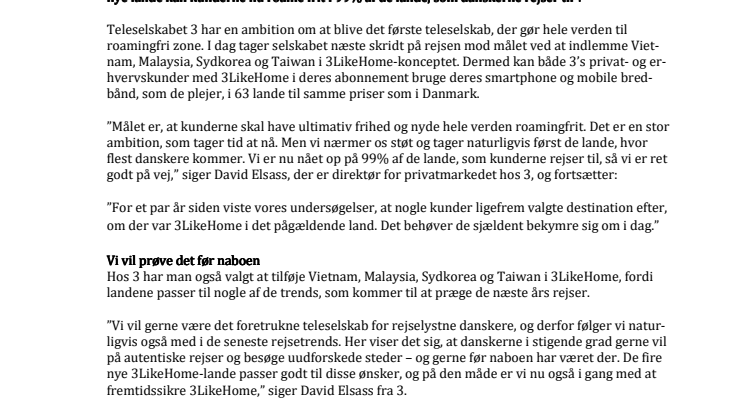 3 dækker 99% af danskernes rejsemål med 3LikeHome