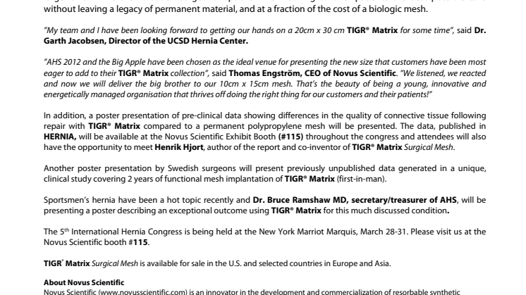 TIGR® Matrix Goes Large at the World Hernia Congress 2012  