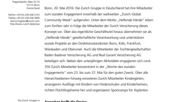 Zurich Mitarbeiter packen an: Versicherer startet Woche des ehrenamtlichen Engagements