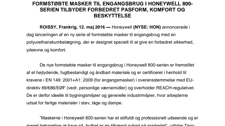  Formstøbte masker til engangsbrug i Honeywell 800-serien tilbyder forbedret pasform, komfort og beskyttelse 
