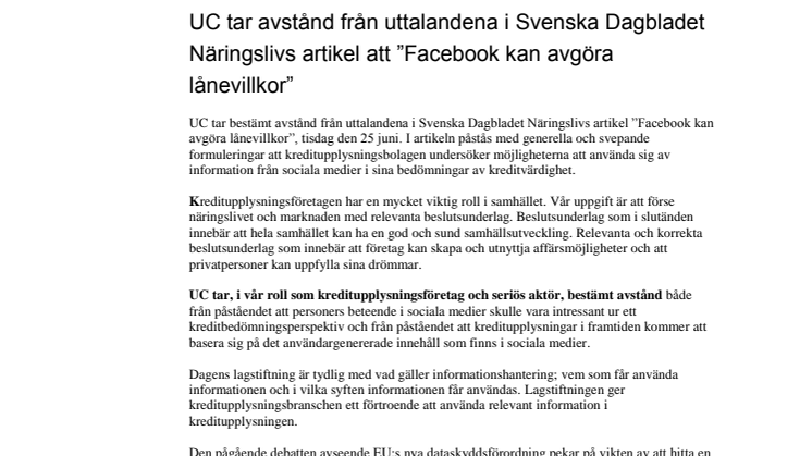 UC tar avstånd från uttalandena i Svenska Dagbladet