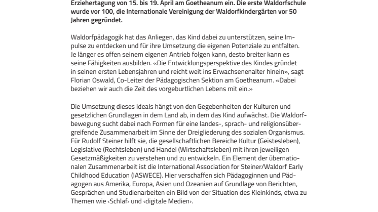 «Entwicklungsperspektive reicht bis ins Erwachsenenalter». ​Welt-Erziehertagung zu innerer Freiheit und sozialer Verantwortung