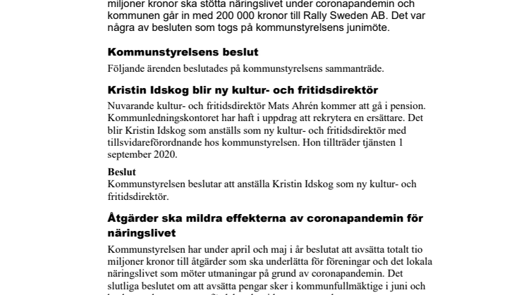 Kommunstyrelsen i korthet den 15 juni