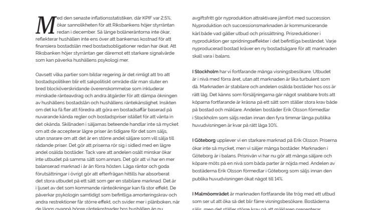 Erik Olsson Fastighetsförmedling kommenterar bostadsmarknaden 18 oktober