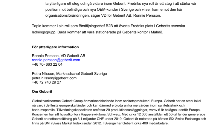 Geberit får ny försäljningschef och OEM-ansvarig 