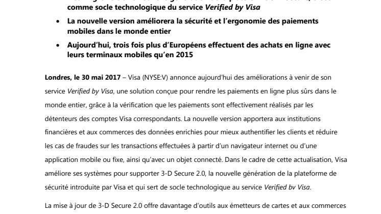 Une nouvelle version de Verified by Visa pour sécuriser et simplifier davantage les paiements en ligne 