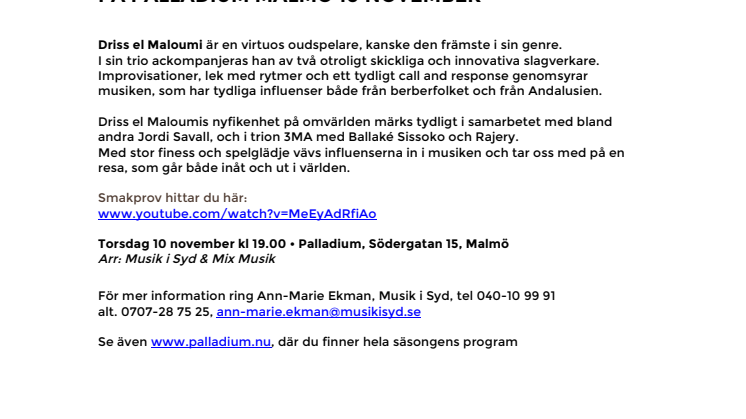Driss el Maloumi trio – världskänd oudspelare från Marocko – på Palladium Malmö 10 november