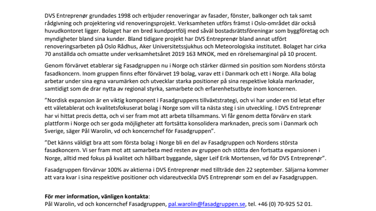Fasadgruppen expanderar till Norge genom förvärv av DVS Entreprenør