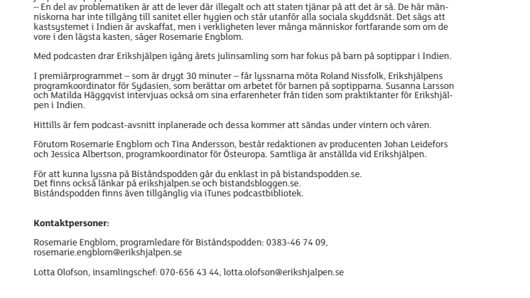 Erikshjälpen drar igång julinsamling med podcast