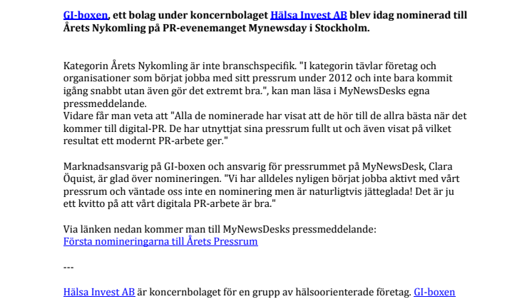 GI-boxen nominerad till Årets Nykomling på Mynewsdesk