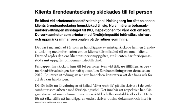 Klients ärendeanteckning skickades till fel person 
