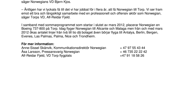 Norwegian fortsätter expandera i Norden, öppnar bas på Torp flygplats 