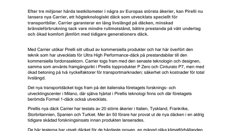 Nya Pirelli Carrier revolutionerar för lätta transportbilar