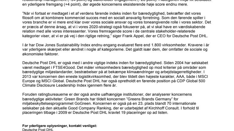 Deutsche Post DHL med i Dow Jones Sustainability Index