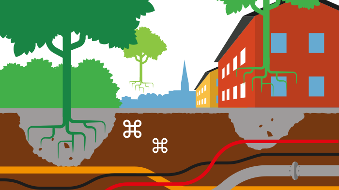 I stadsmiljö krävs stora förarbeten med bl a ledningsomläggningar innan spåret kan börja byggas. Illustration: YellowKid på uppdrag av Lunds kommun.