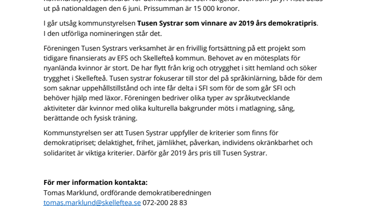 Tusen systrar får demokratipriset 2019